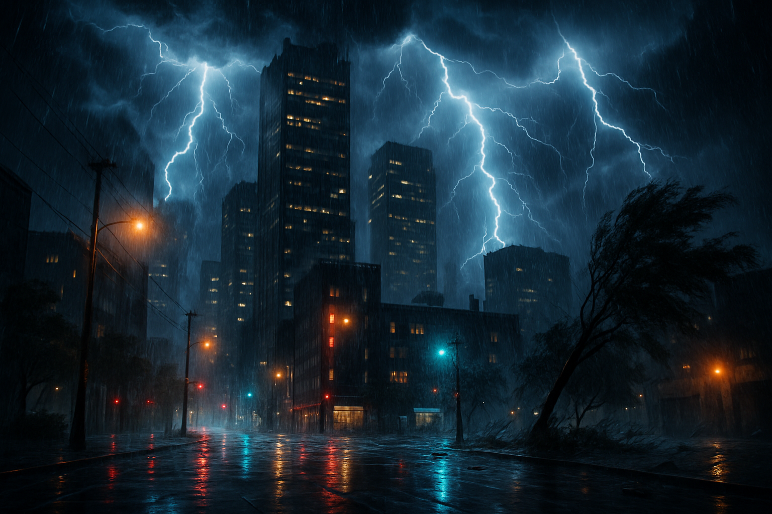 a Dark night with a storm in the city