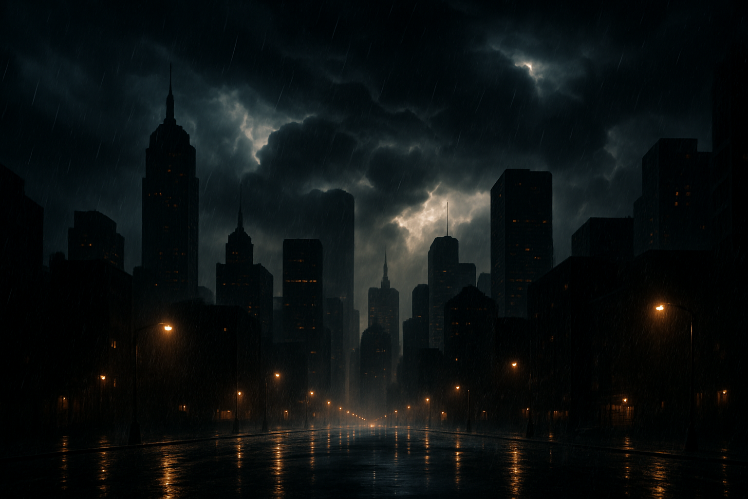 Rainy city setting with distant thunder clouds